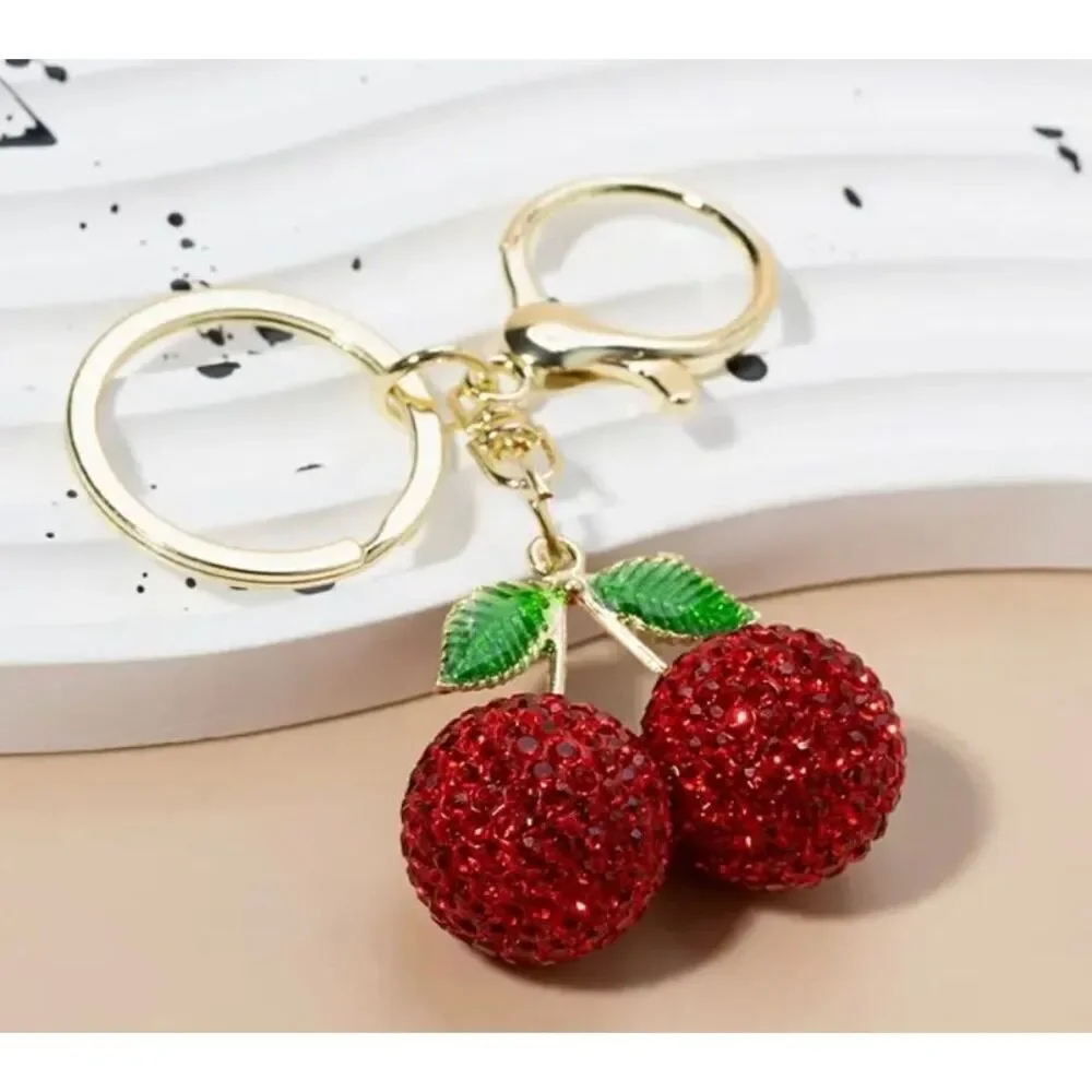 Red Cherry Rhinestone Keychain Sparkle Pendant Bag Charm Cute Accessory